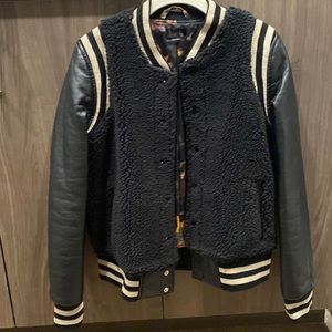 Mother sherpa & faux leather sleeve letterman jacket, black, S